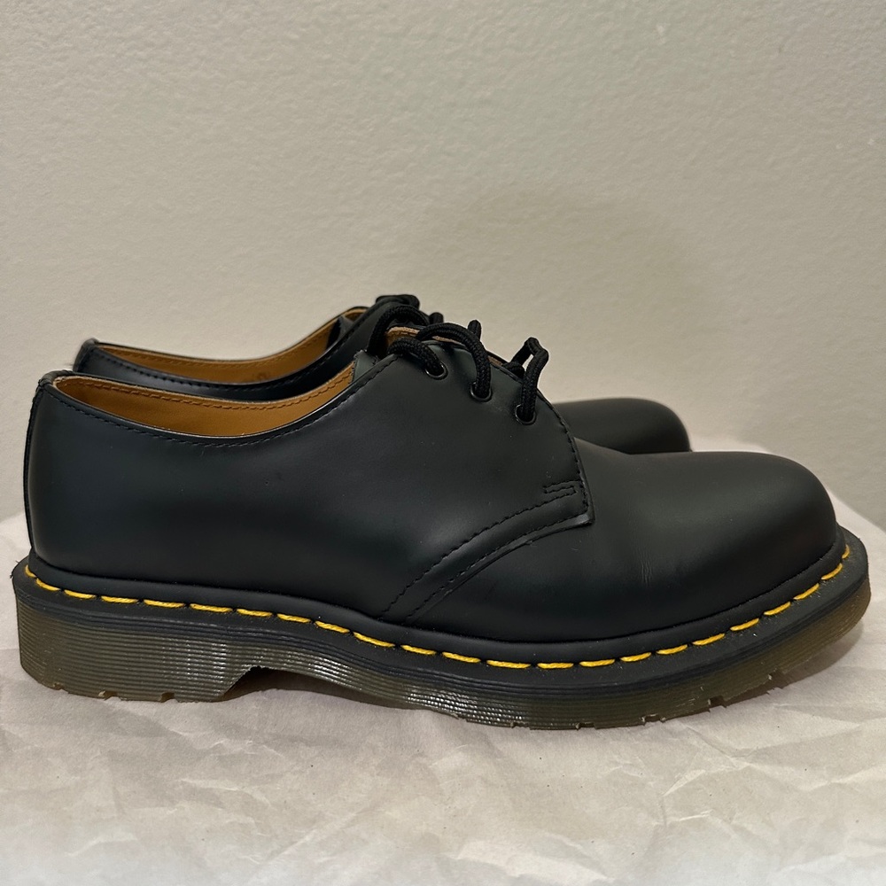 Dr. Martens Black Leather 3-Eye Shoes with Yellow Stitching